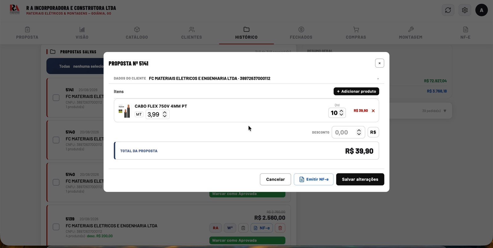 Tela do SIGA mostrando o histórico de propostas e uma proposta aberta para edição